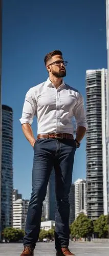 Male architectural designer, Kapiti, 30s, muscular build, short brown hair, black-rimmed glasses, beard, casual white shirt, dark blue jeans, leather belt, brown boots, holding a large blueprint, stan