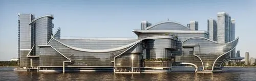 urban design- concepts of futuristic city-  bridge on the river- modern city in the backgrounds- coast city -,a building with multiple circular structures near water,autostadt wolfsburg,morphosis,futu