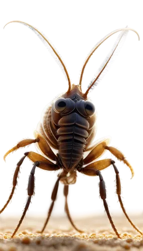 Sand flea, close-up, microscopic view, detailed body structure, brownish-gray exoskeleton, long antennae, jumping legs, compound eyes, tiny mouthparts, textured surface, shallow depth of field, bright