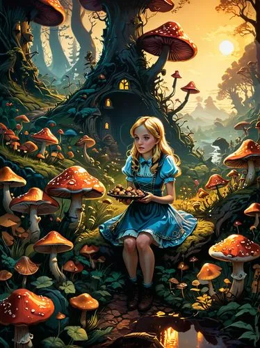 alice in wonderland,alice,wonderland,mushroom landscape,fairy world,fairy forest,fantasy picture,children's fairy tale,fairy village,fairy tale character,pinocchio,forest floor,fairy tale,fairy tales,sci fiction illustration,children's background,forest mushroom,amanita,fantasy world,the little girl's room,Illustration,Realistic Fantasy,Realistic Fantasy 25