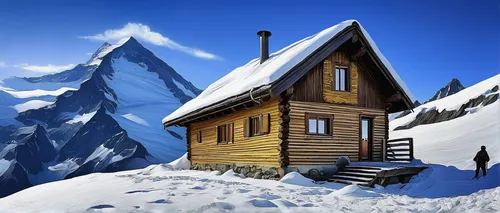 mountain hut,alpine hut,mountain huts,winter house,snow house,house in mountains,house in the mountains,the cabin in the mountains,monte rosa hut,snowhotel,snow shelter,log cabin,small cabin,chalet,avalanche protection,wooden house,snow roof,snow scene,houses clipart,lonely house,Art,Artistic Painting,Artistic Painting 03