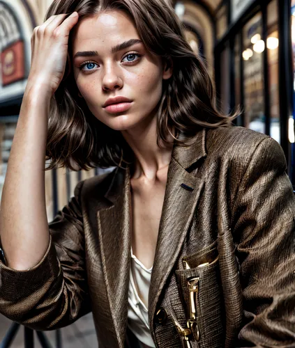 female model same exact face, dark brown hair, brown eyes,menswear for women,wallis day,bolero jacket,handbag,woman in menswear,blazer,fashion street,trench coat,the girl at the station,female model,s