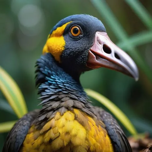 Dodo bird, rare species, exotic appearance, vibrant plumage, bright yellow breast, grey-brown back, long curved beak, curious eyes, surprised expression, caught in the act, camera trap, forest floor, 