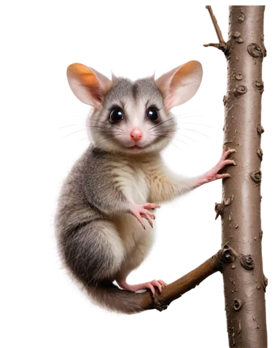 Australian possum, nocturnal animal, furry texture, grey and white fur, big round eyes, pointed snout, ears perked up, climbing posture, grasping hands, tree branch, morning mist, soft lighting, shall