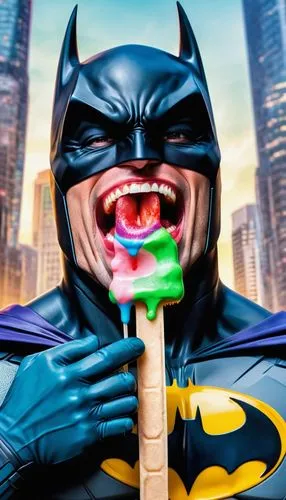 A hilariously creative and cinematic image of a mutated Batman holding a gigantic popsicle. His iconic suit has been altered with bright colors and pop culture references, making him appear more comic