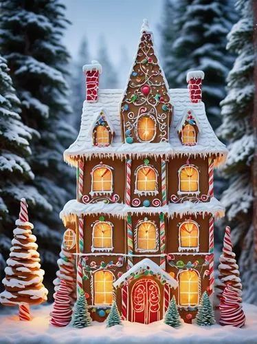 Whimsical architectural gingerbread house, ornate details, icing decorations, candy cane pillars, gumdrop windows, licorice vines crawling up walls, festive holiday atmosphere, snowy winter background