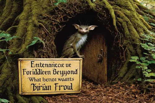 A warning sign reads: Entrance Forbidden. What awaits beyond?,no admittance,private property sign,entry forbidden,free wilderness,ecologically friendly,fairy house,will free enclosure,fairy door,priva