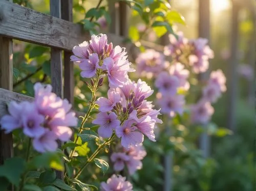 Pastel purple flowers, delicate tendrils, soft pink hues, gentle lavender shades, creamy white accents, rustic wooden trellis, lush green foliage, whimsical garden setting, warm sunny day, shallow dep