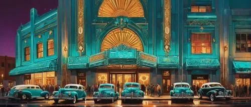 art deco,fox theatre,alabama theatre,emporium,samaritaine,warner theatre,many glacier hotel,pantages,old cinema,radio city music hall,ohio theatre,orpheum,art deco ornament,atlas theatre,hotel riviera,wild west hotel,grand hotel,beverly hills hotel,grand hotel europe,cinemas,Conceptual Art,Oil color,Oil Color 07