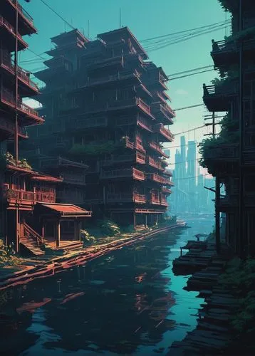 docks,futuristic landscape,sedensky,floating huts,backwater,yamatai,apartment block,ancient city,gunkanjima,apartment blocks,harbor,midwater,scampia,dockage,environments,cybertown,suburb,undock,waterfront,cityscape,Conceptual Art,Fantasy,Fantasy 32