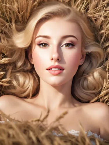 Beautiful blonde in real-life Elvgren pin-up style, country girl laying in a field, photorealistic,girl lying on the grass,straw bales,bales of hay,woman of straw,straw bale,straw field,pile of straw,