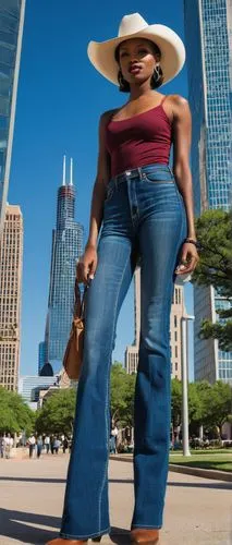 Dallas cityscape, Texan architecture, sunny day, blue sky with few white clouds, skyscrapers, glass buildings, modern city life, busy streets, pedestrians walking, cars driving by, cowboy hat, boots, 