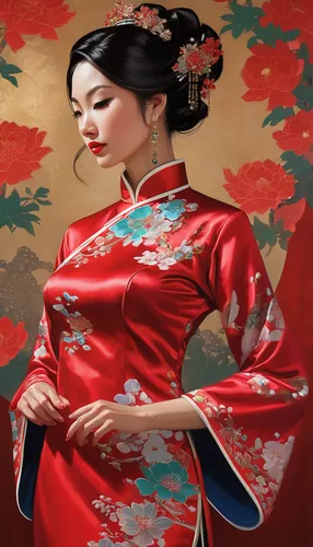 geisha girl,oriental painting,geisha,chinese art,japanese art,oriental girl,oriental princess,kimono fabric,oriental,japanese floral background,japanese woman,hanbok,chinese style,taiwanese opera,peking opera,mulan,japanese culture,plum blossoms,plum blossom,floral japanese,Conceptual Art,Oil color,Oil Color 04