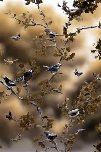 birds on a branch,birds on branch,gnatcatchers,wagtails,flycatchers,shrikes,helmetshrikes,birds in flight,europeon pied fly catcher,bushshrikes,flock of birds,pied wagtail,sparrows,fairywrens,group of