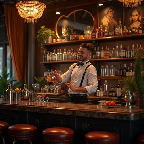 A stylish bartender, eclectic bar, dimmed chandelier lights, rich wood accents, velvet drapes, ornate mirrors, vintage posters, antique furniture, luxurious leather stools, marble countertops, wine gl