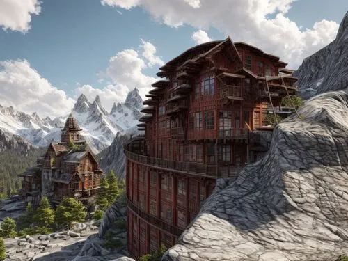 render the building and the mountains. Add some colures.,mountain settlement,alpine village,house in mountains,escher village,house in the mountains,hanging houses,mountain huts,mountain village,mount