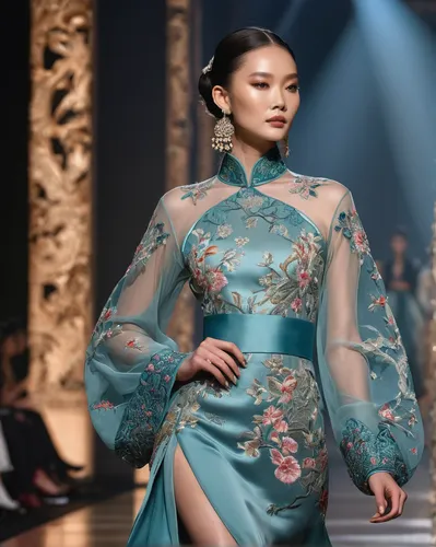 2023 runway haute collection, full length a supermodel, wearing embroidered Chinese dress, Heaven Gaia style, fashion design sense, exquisite elegance, runway seats in the background
,teal blue asia,m