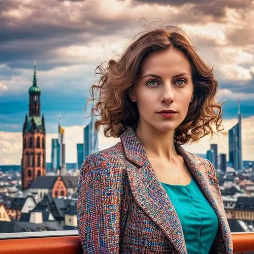 A stunning, gorgeous backdrop scene of the Frankfurt/Main Bank quarter in the foreground a 32 years young woman in elaborate, colorfull vintage Hessische Landestracht ,scherfig,tatort,zoetebier,tatian