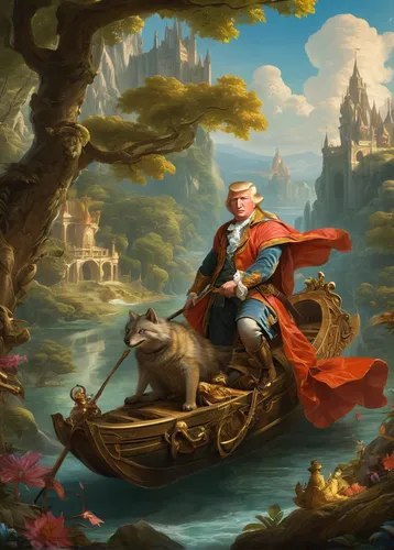 fantasy picture,baron munchausen,the blonde in the river,fantasy art,fantasy portrait,dolphin rider,fantasy landscape,adventurer,tiber riven,game illustration,fairy tale character,monkey island,world digital painting,art bard,mozartkugel,magical adventure,children's fairy tale,fairy tale,the pied piper of hamelin,bard,Art,Classical Oil Painting,Classical Oil Painting 36