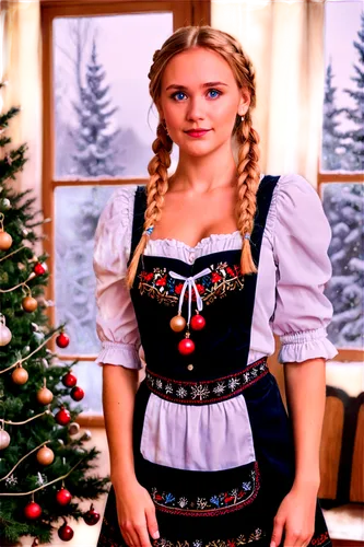 Christmas German lady, festive outfit, traditional Dirndl dress, white apron, red Santa hat, golden hair braids, rosy cheeks, bright blue eyes, warm smile, holding Christmas ornaments, decorated Chris