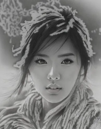 3B pencil sketch of asian brunette woman with exquisite facial features, perfect skin, frosted hair and clothes, with an artic background watching the camera.,lotus art drawing,vietnamese woman,chines