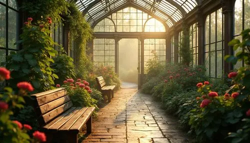 Luxuriant greenhouse, regionalism style, warm golden light, misty atmosphere, lush greenery, exotic plants, flowers blooming in vibrant colors, rustic wooden benches, natural stone pathways, elegant i