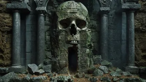 skull statue,skull sculpture,necropolis,grayskull,skelid,ossuary