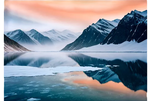 Polar landscape, icy mountains, snowstorm, frosty air, glaciers, frozen lake, misty atmosphere, soft focus, warm color tone, cinematic lighting, low-angle shot, panoramic view.,svalbard,spitsbergen,ic