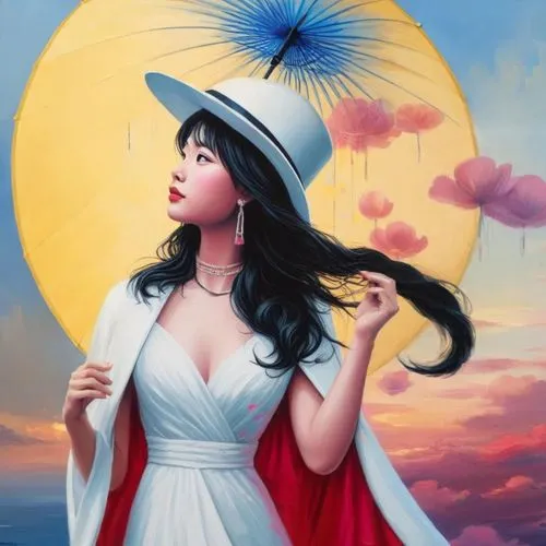 geisha girl,vietnamese woman,chinese art,the hat of the woman,geisha,japanese woman,high sun hat,the sea maid,asian conical hat,sun hat,parasol,blue moon rose,panama hat,fantasy portrait,asian umbrella,woman's hat,yellow sun hat,asian woman,oil painting on canvas,fantasy art