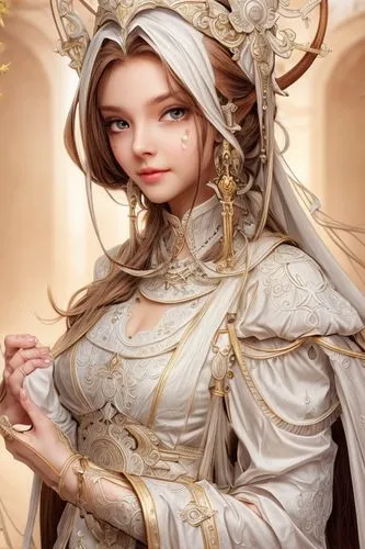 the prophet mary,baroque angel,priestess,female doll,the angel with the veronica veil,mary-gold,angel figure,mary 1,white lady,doll figure,suit of the snow maiden,white rose snow queen,fantasy art,zodiac sign libra,fantasy portrait,the snow queen,artemisia,fairy queen,bridal clothing,fantasy woman,Common,Common,Natural