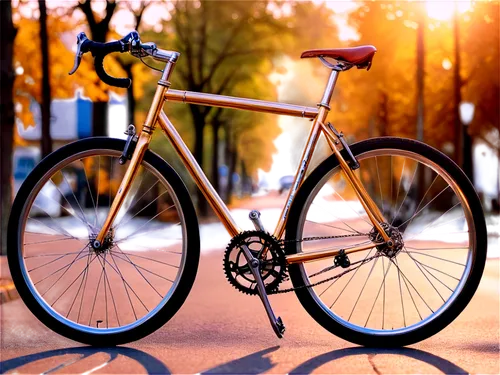 Bicycle, wheels shining, metal frame, leather saddle, handlebars, pedals, chain, gears, sporty, dynamic pose, fast motion blur, urban road, morning sunlight, shallow depth of field, warm color tone, c