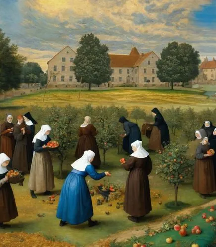 (view from above as in the paintings of Pieter Bruegel, small figures of Catholic nuns in Breton bonnets and kerchiefs, light brown robes and dark brown dresses are picking apples from the trees, next