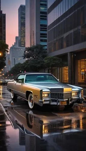 Luxury car, Cadillac Eldorado 2024, shiny metallic silver body, sleek headlights, chrome grille, curved lines, LED taillights, alloy wheels, low-angle shot, evening lighting, cityscape background, sky