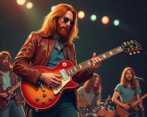 Un hombre alto, de unos 20 años de edad, cabellos largos y lisos de color rojizo, barba, chaqueta de cuero estilo años 1970 y con lentes de aviador, toca la guitarra en frente del público. Él está toc