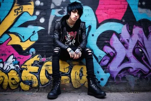 Kawaii emo boy, slender build, messy black hair, piercings on face, bold eyeliner, colorful tattoos on arms, ripped skinny jeans, black boxers with silver studs, leather belt, chunky black boots, lean