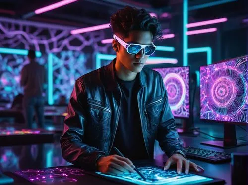 cyber glasses,dj,cyberpunk,cyber,uv,electro,neon light,neon ghosts,neon lights,neon,black light,electronic music,electronic,neon human resources,matrix,coder,ultraviolet,glow in the dark paint,man with a computer,futuristic,Illustration,Japanese style,Japanese Style 13