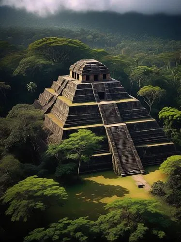 Ancient Mesoamerican temple, pre-Columbian style, stone structure, intricate carvings, vibrant colored murals, stepped pyramid, dense jungle surroundings, exotic plants, misty atmosphere, warm sunligh