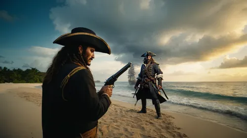 加勒比海区,pirate treasure,conquistador,pirate,east indiaman,digital compositing,pirates,beach defence,monopod fisherman,cowboy mounted shooting,cowboy action shooting,travel insurance,man and horses,weste