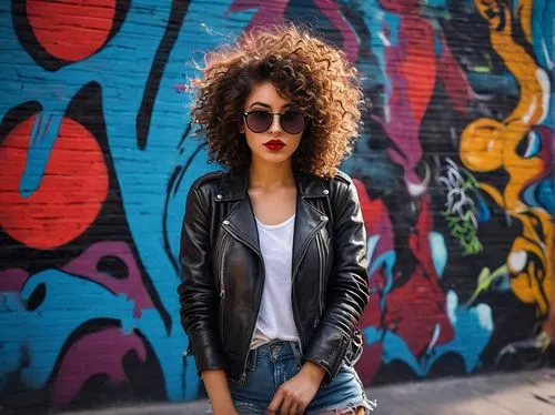 leather jacket,street fashion,woman in menswear,fashionable girl,denim jacket,women fashion,black leather,jean jacket,leather,fashion street,sunglasses,bolero jacket,menswear for women,on the street,rosa curly,women clothes,red wall,lace round frames,colorful background,young woman,Art,Classical Oil Painting,Classical Oil Painting 05