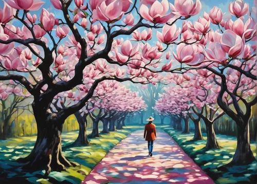 magnolia trees,magnolias,magnolia tree,tulip festival,magnolia,sakura trees,tulip field,pink magnolia,blooming trees,magnolia flowers,cherry trees,magnolia blossom,magnoliengewaechs,cherry blossom tree-lined avenue,sakura tree,cherry blossom tree,tulip fields,blossom tree,tulpenbaum,springtime background,Conceptual Art,Oil color,Oil Color 24