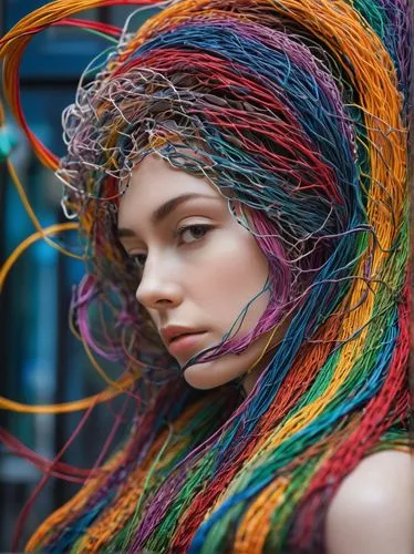 dyestuffs,colorful spiral,yarrows,crocheted,yarn,beautiful bonnet,toucouleur,fringed,bohemian art,tresses,gypsy hair,interweaves,colourist,ball of yarn,raffia,strands,sigourney weave,interweave,dreadlocks,colorist,Illustration,Paper based,Paper Based 04