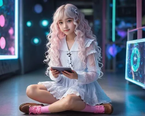 Cute ai girl, 15yo, big sparkling eyes, long curly silver hair, pink blush, subtle freckles, delicate features, slender figure, white lace dress, frilly socks, brown loafers, holding a tablet, sitting