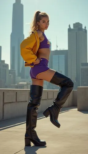 A young model woman poses iconically on one leg for a fashion photoshoot, captured from a straight-on angle that emphasizes her confident presence. She is wearing extreme ultra-high leather boots that