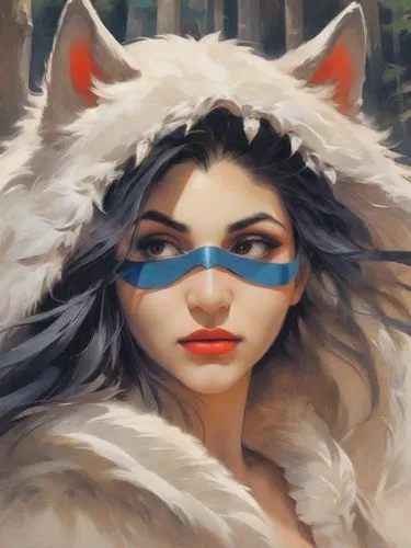 a woman in a furry fur coat has an image of a wolf on her face,vayne,kitsune,white fox,miqati,rengo,amaterasu,Digital Art,Impressionism