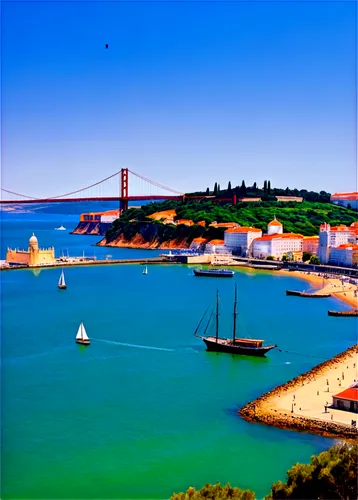 Lisbon Portugal, harbor scenery, colorful buildings, steep hills, tram tracks, historic architecture, Belem Tower, Jeronimos Monastery, 25 de Abril Bridge, Tagus River, sailboats, yachts, seagulls fly