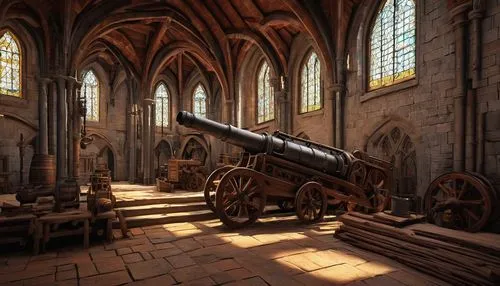 Historical, medieval-inspired artillery, ornate details, intricate carvings, rusty metal, worn wooden wheels, cannons, cylindrical barrels, reinforced steel, rivets, bolts, majestic stone structure, g