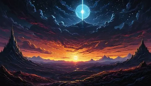 vast,fantasy landscape,meteor,rift,samuil,alien world,mountain sunrise,prospera,alien planet,ascendent,space art,lava,mahavatar,loa,oscura,futuristic landscape,metavolcanic,fantasia,volcanic,barren,Illustration,Realistic Fantasy,Realistic Fantasy 25