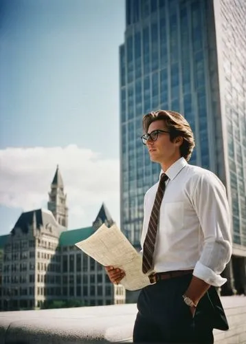 Modern architect, Cincinnati cityscape, urban landscape, sleek glasses, stylish hair, professional attire, suit jacket, white shirt, tie, holding blueprints, standing in front of a skyscraper, city ha