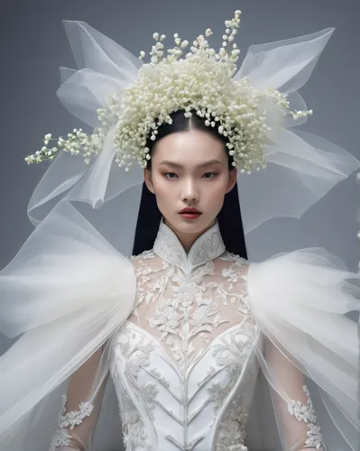 Fashion design, a model have porcelain liked white skin, the clothes have the structure of traditional Chinese clothing, sheer tulle fabric, outlandish silhouettes, Tim Walker photography, 8K, high qu