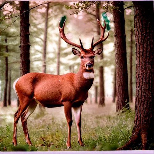 Huge deer, 10-point buck, majestic, strong antlers, brown fur, white underside, muscular legs, sharp hooves, alert ears, intense eyes, morning dew, soft sunlight filtering through trees, 3/4 compositi